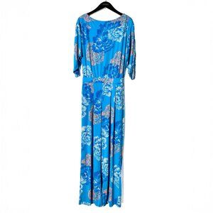 IMAN Blue Floral Wide-Leg Split Batwing Sleeve Jumpsuit – Size S